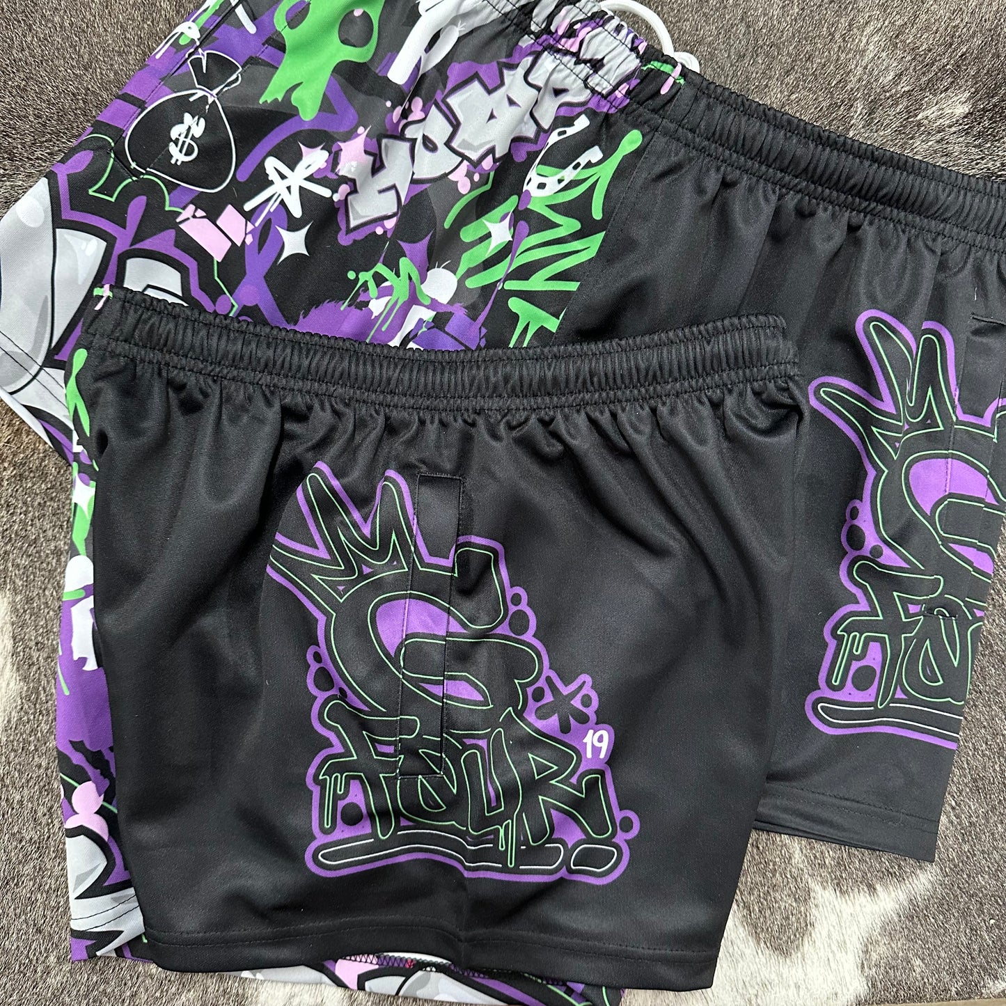 Unisex Footy Shorts - “TagWest" - Purple/Lime