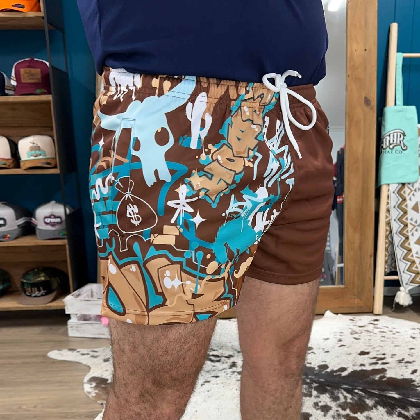 Unisex Footy Shorts - “TagWest" - Brown/Aqua