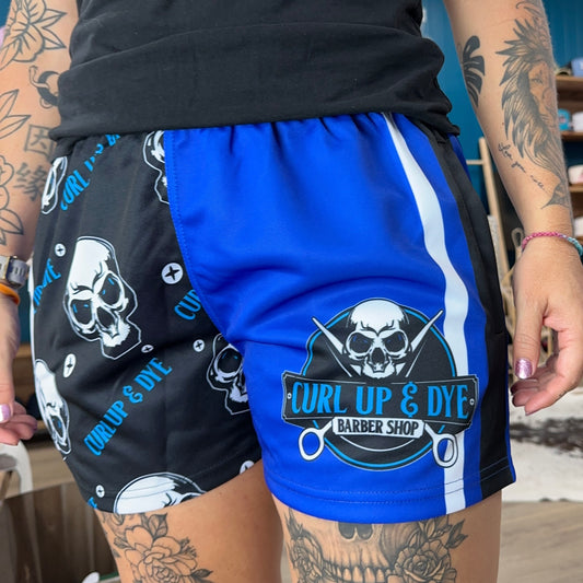 Unisex Footy Shorts - “Curl Up & Dye” Blue