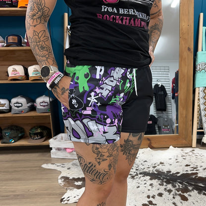 Unisex Footy Shorts - “TagWest" - Purple/Lime