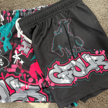 KIDS Footy Shorts - “TagWest” Black/Pink