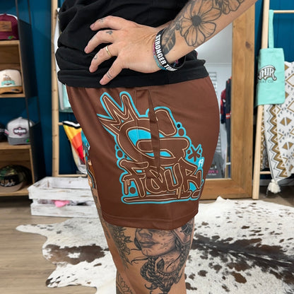 Unisex Footy Shorts - “TagWest" - Brown/Aqua