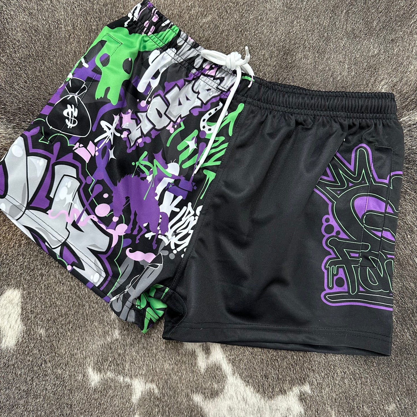 Unisex Footy Shorts - “TagWest" - Purple/Lime