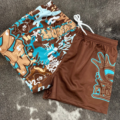 Unisex Footy Shorts - “TagWest" - Brown/Aqua