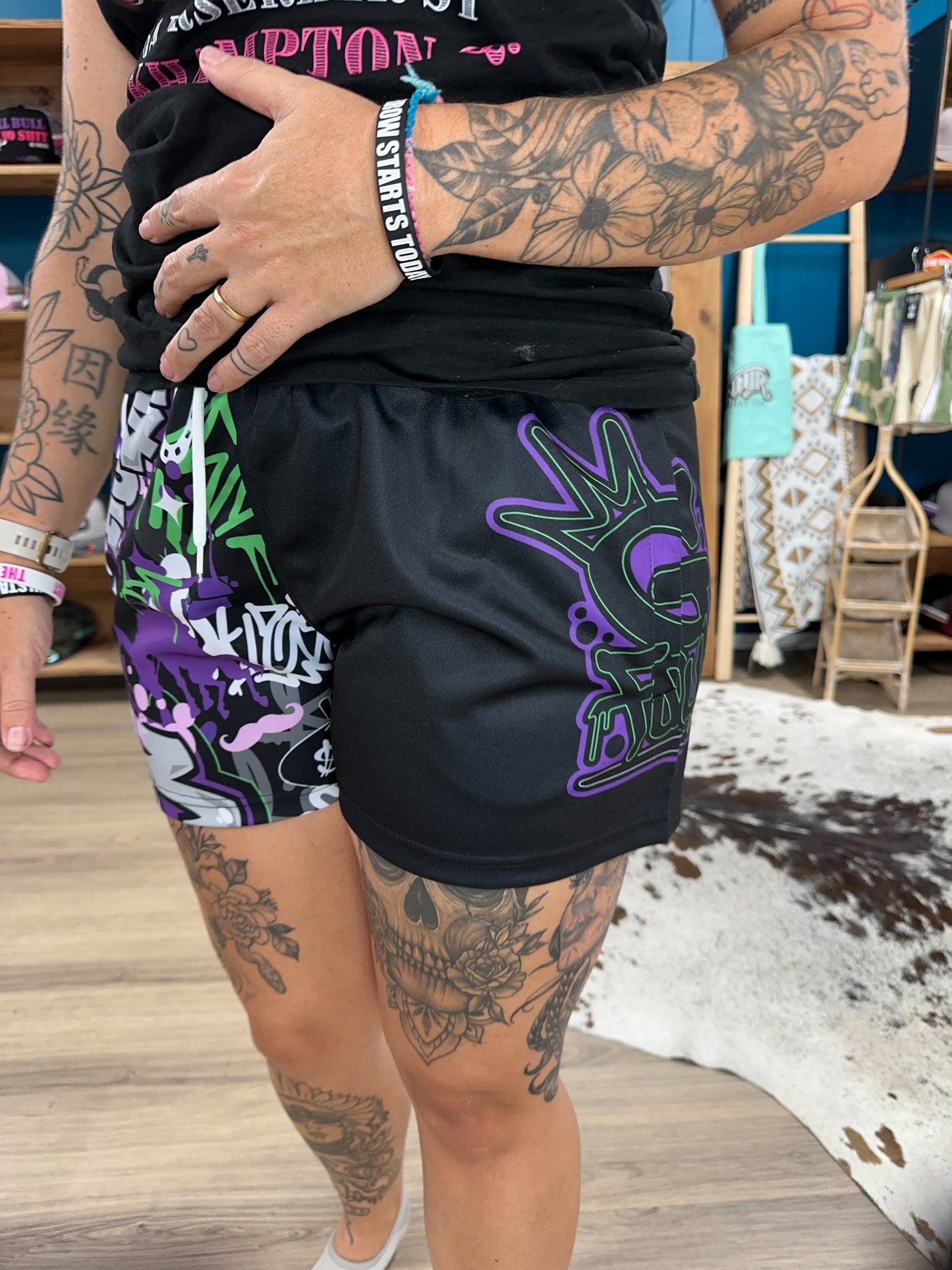 Unisex Footy Shorts - “TagWest" - Purple/Lime