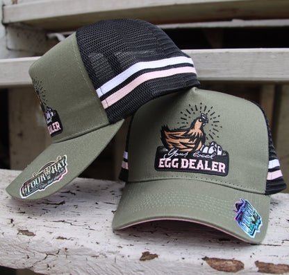 Khaki green and pale pink deep fit trucker cap