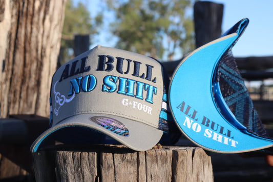 GFOUR Brand grey and blue trucker cap. All bull no shit