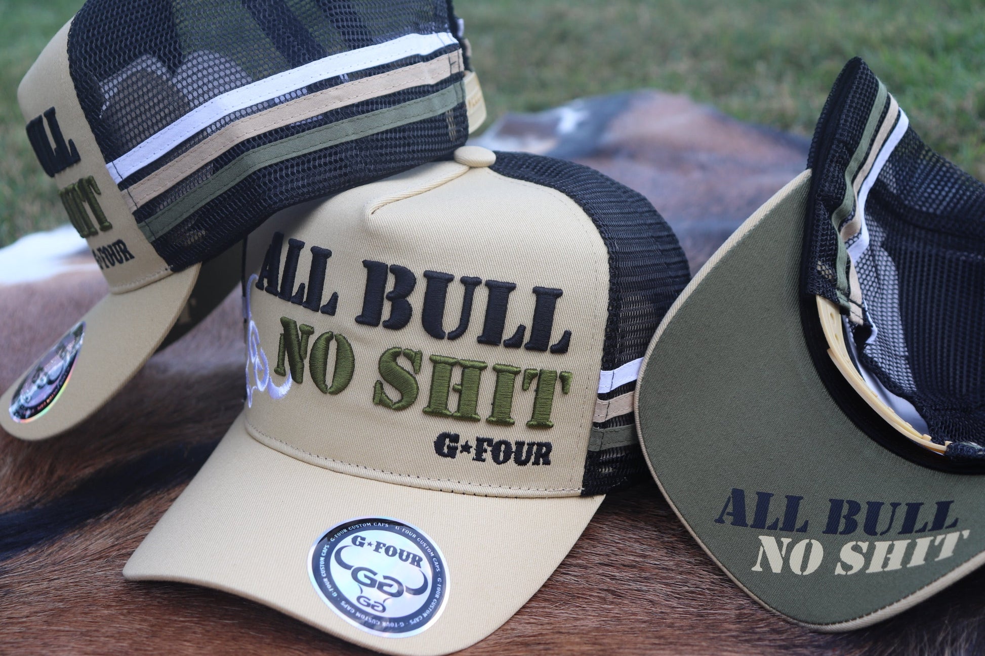 GFOUR All Bull No Shit Khaki Army Green Trucker Cap Hat 